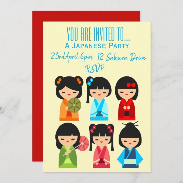 Japanisches niedliches japanisches Party Einladung (Vorne/Hinten)