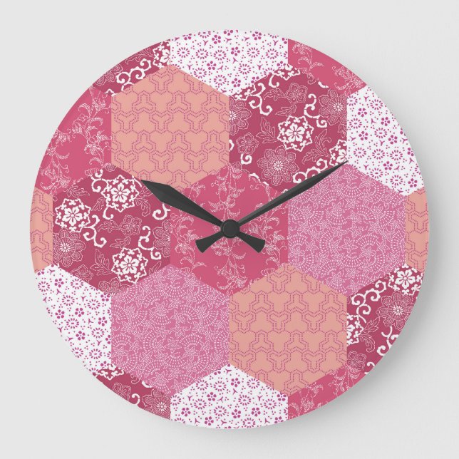 Japanisches Patchwork-Muster-Design Große Wanduhr (Vorderseite)