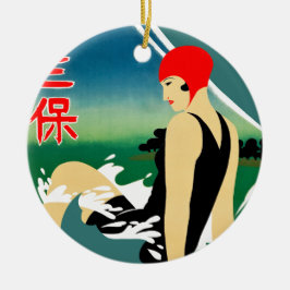 Japanisches Reiseplakat 1930er Art Deco Girl Keramik Ornament