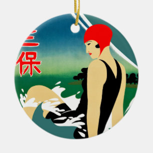Japanisches Reiseplakat 1930er Art Deco Girl Keramik Ornament