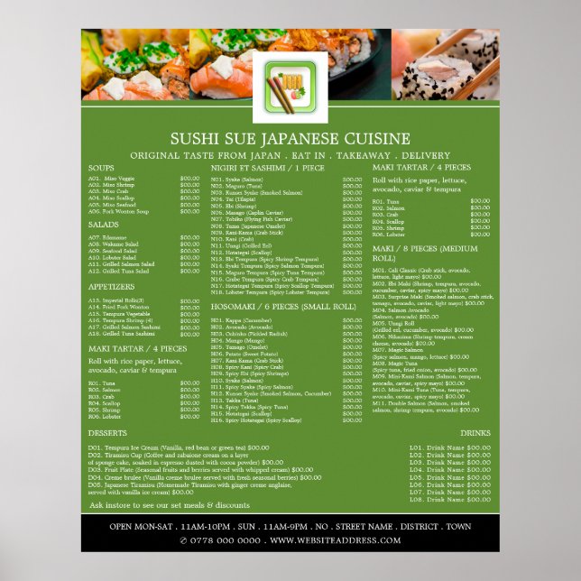 Japanisches Restaurant, Sushi-Menü Poster (Vorne)