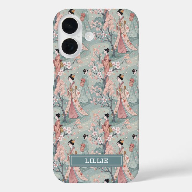 Japanisches Sakura-Geisha-Muster monogrammiert Case-Mate iPhone Hülle (Rückseite)