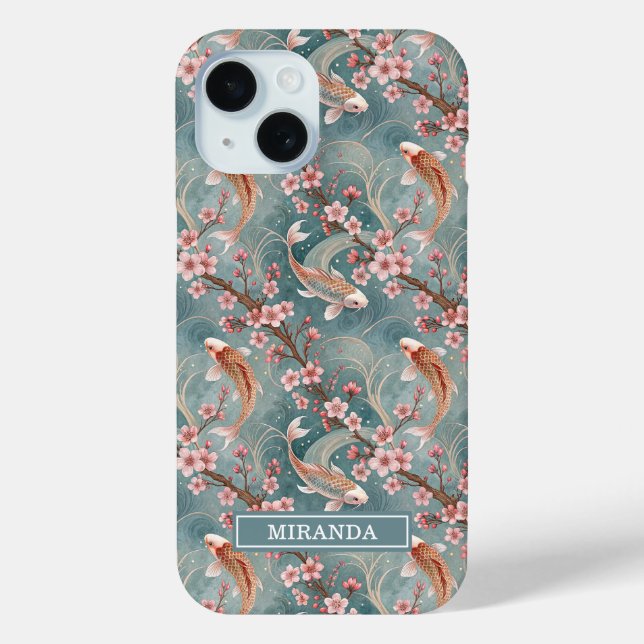 Japanisches Sakura-Koi-Fisch-Muster monogrammiert Case-Mate iPhone Hülle (Rückseite)