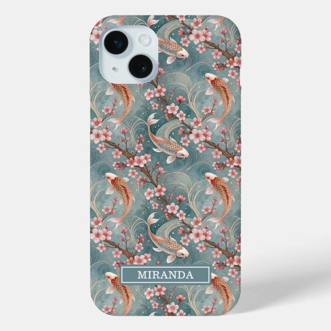 Japanisches Sakura-Koi-Fisch-Muster monogrammiert Case-Mate iPhone Hülle (Rückseite)