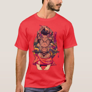 Japanisches Samurai-Mädchen und Vintage-Sakura-Kir T-Shirt