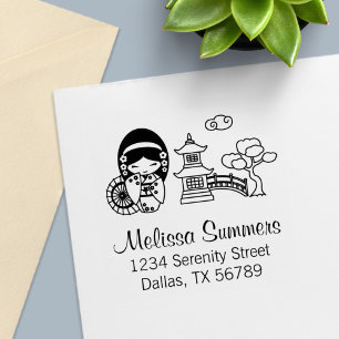 Japanisches Schirmmädchen in Kimono Adresse Permastempel