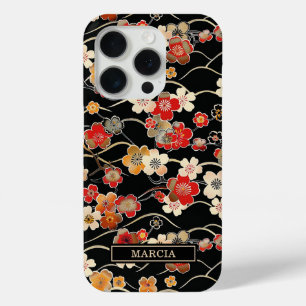 Japanisches schwarzes Blumenmuster mit Monogramm Case-Mate iPhone Hülle