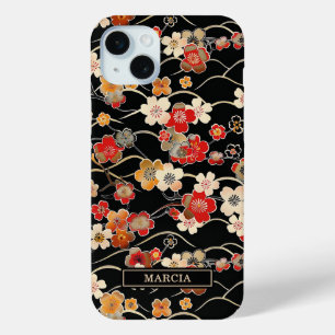 Japanisches schwarzes Blumenmuster mit Monogramm Case-Mate iPhone Hülle