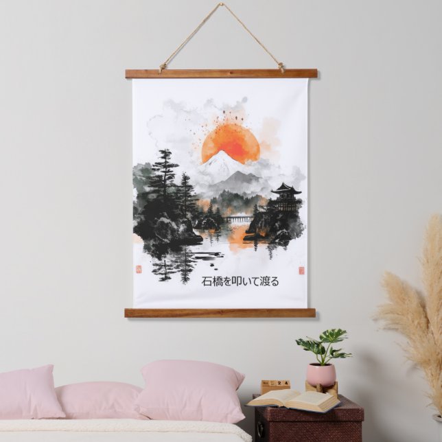 Japanisches Sprichwort auf einer Steinbrücke Wandteppich Mit Holzrahmen (Schlafzimmer)