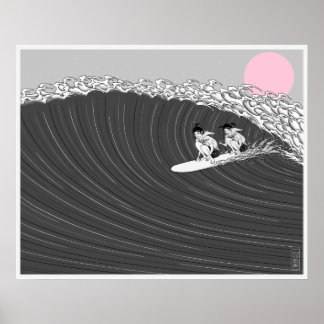 japanisches Surfposter mit Sonnenuntergang Poster