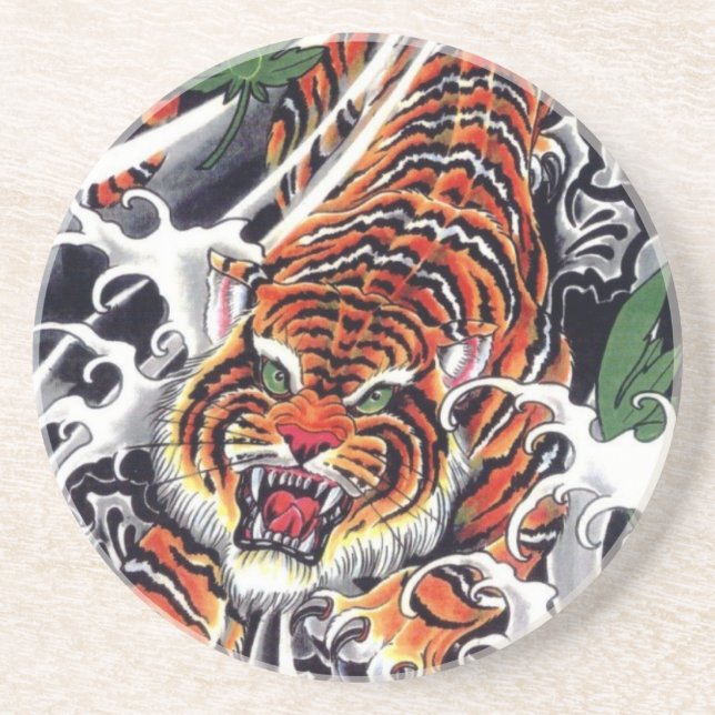 japanisches Tiger- und Ahorndesign Getränkeuntersetzer (Vorne)
