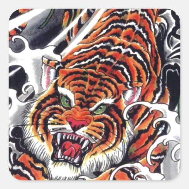 japanisches Tiger- und Ahorndesign Quadratischer Aufkleber (Vorderseite)