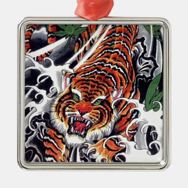 japanisches Tiger- und Ahorndesign Silbernes Ornament (Vorne)