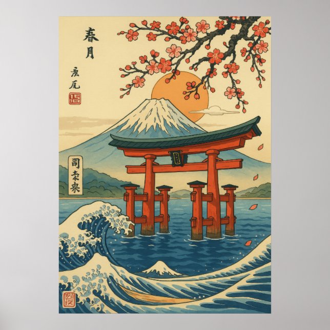Japanisches Torii Tor und Fuji Berg mit Waves Poster (Vorne)