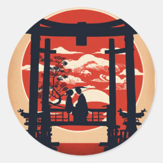 Japanisches Torii-Tor und rote Sonnenuntergangssil Runder Aufkleber