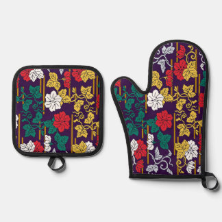 Japanisches traditionelles Blattmuster Ofenhandschuh & Topflappen-Set