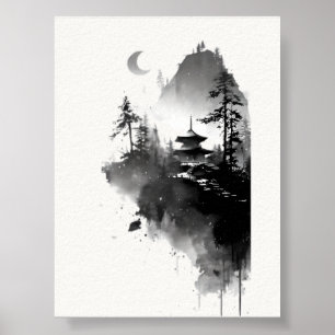 Japanisches Tuschwaschen-Zen-Pagoden-Landschaftspo Poster