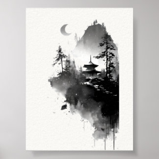 Japanisches Tuschwaschen-Zen-Pagoden-Landschaftspo Poster