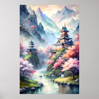 Japanisches Wasserfarbdorf | Zen Landschaftsdruck Poster
