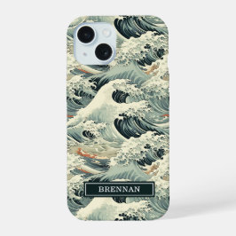 Japanisches Wellenmuster mit Monogramm iPhone 15 Hülle