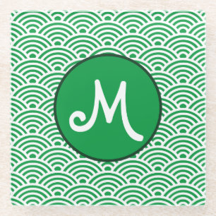 Japanisches Wellenmuster und Monogramm Glasuntersetzer
