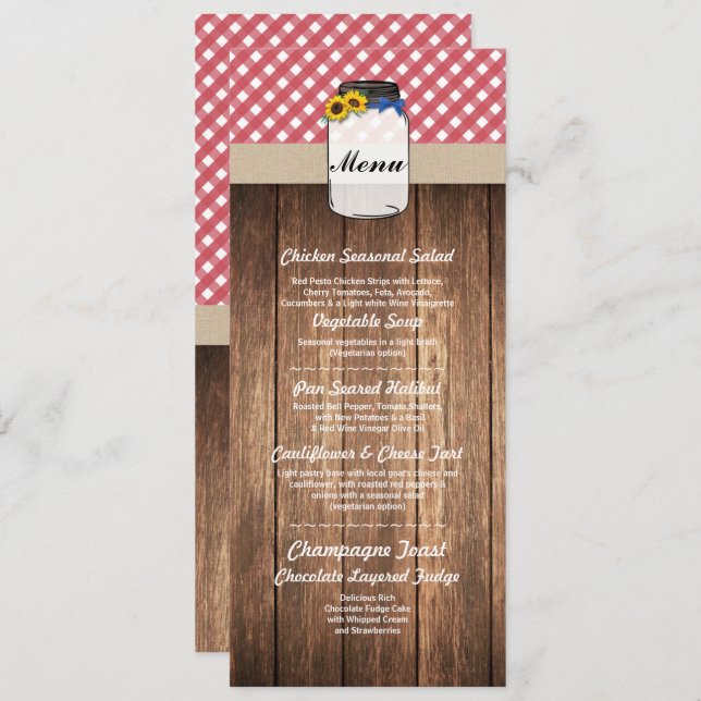 Jar Menu Wedding Empfang Roter Karo Sonnenblume Menükarte (Vorne/Hinten)