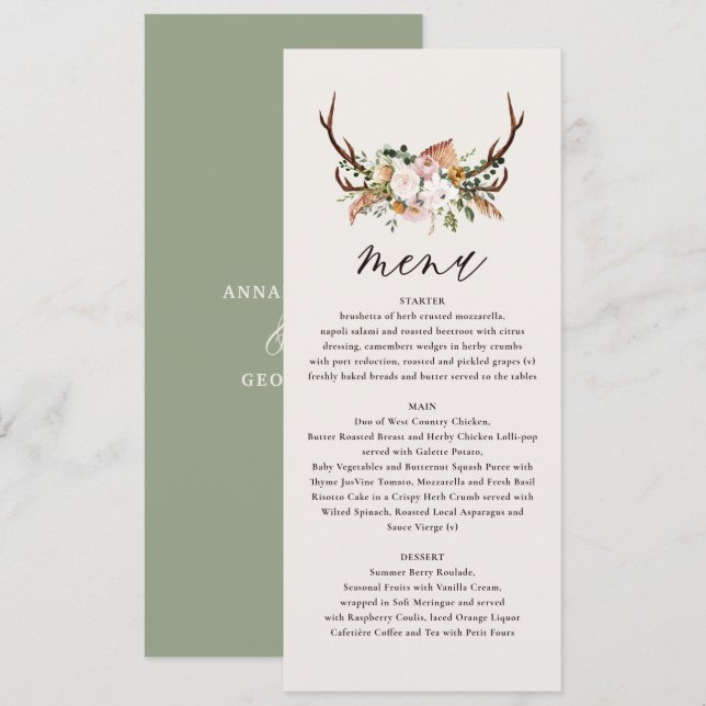 Jardin-grünes Hochzeitsmenü Menükarte (Vorne/Hinten)