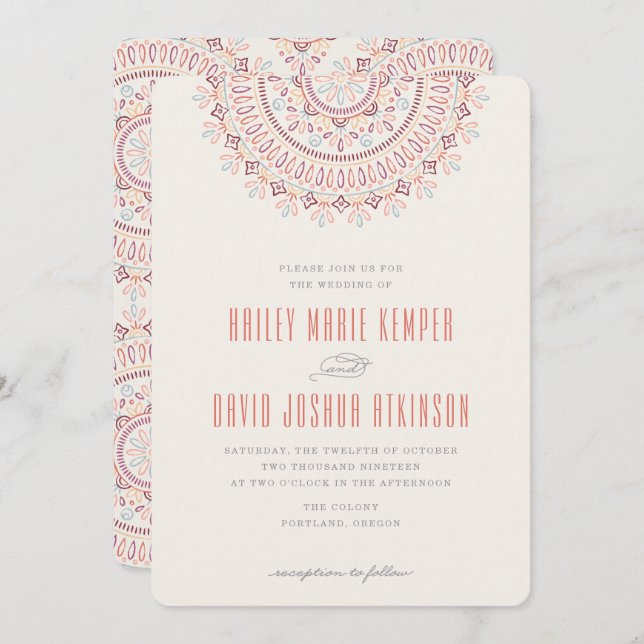 Jardin Mandala Wedding Invitation - Coral Einladung (Vorne/Hinten)