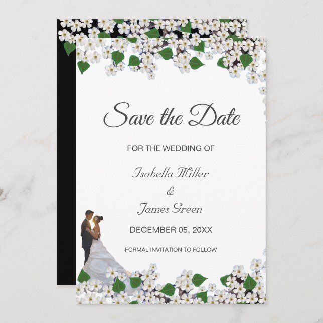 Jasmine auf Black & White Wedding Save the Date Karte (Vorne/Hinten)