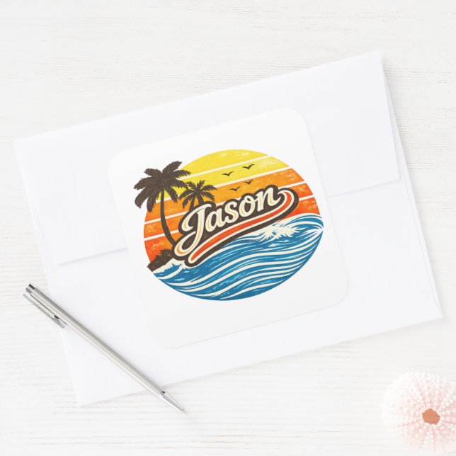 Jason Retro Sonnenuntergang Name Design Quadratischer Aufkleber (Umschlag)