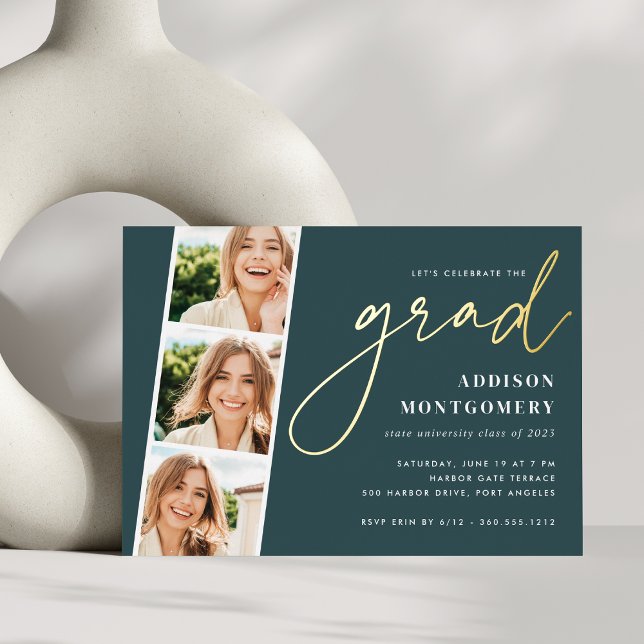 Jasper | Gold Tassel Foto Strip Graduation Party Folieneinladung (Von Creator hochgeladen)