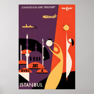 JAT Jugoslawische Airlines Istanbul Reiseplakat Poster