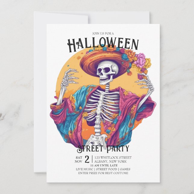 Jaunty Skeleton Flamboyant Dance Halloween-Party Einladung (Vorderseite)