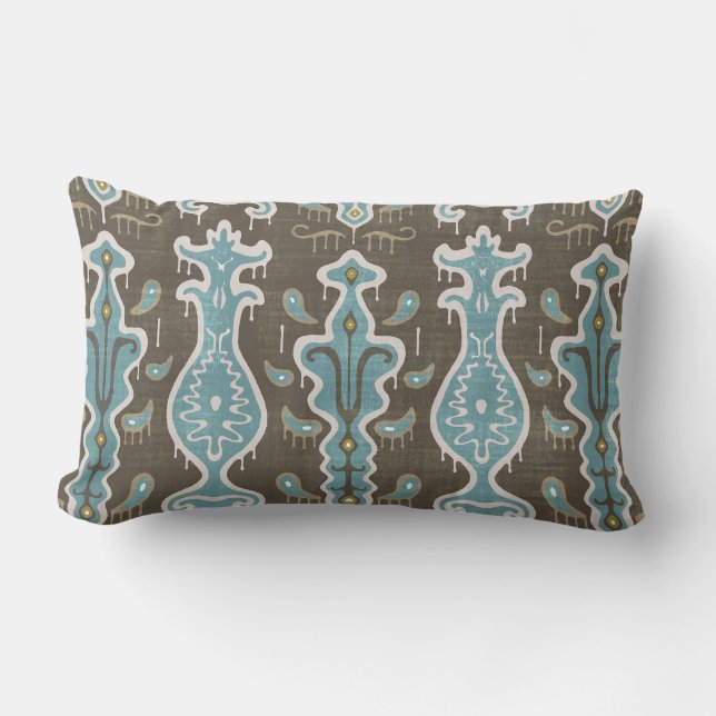 Java Ikat Print Lumbar Pillow, Brown & Turquoise Lendenkissen (Vorderseite)