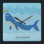 Jawesome Shark Quadratische Wanduhr<br><div class="desc">Jawesome I by June Erica Vess. Ein Hai und sein Fisch Freund mit dem Satz "Jawsome!" unten.</div>