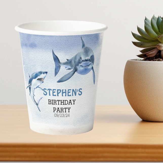 Jawsome Great White Shark Birthday Watercolor Pappbecher (Von Creator hochgeladen)