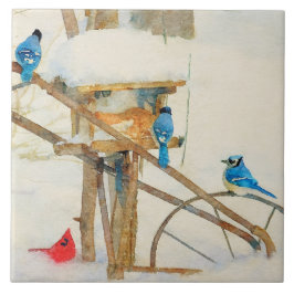 Jays and a Cardinal Sharing Winter Breakfast Fliese