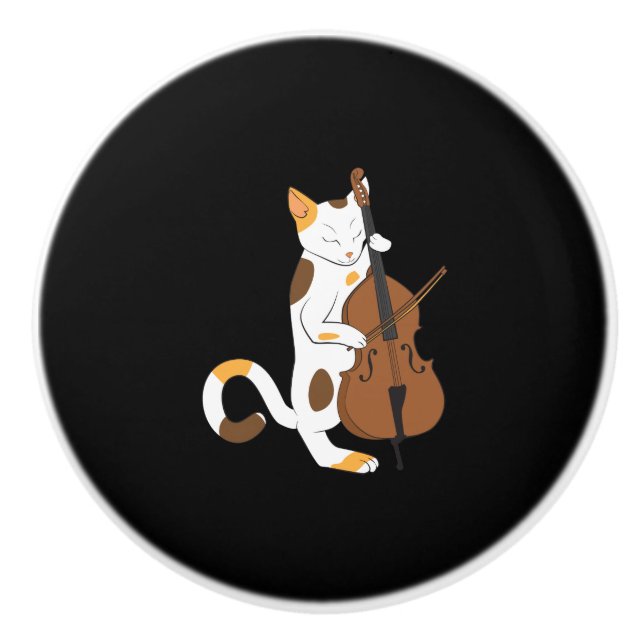 Jazkatze spielt aufrechten Baß - Musikergeschenk Keramikknauf (Vorderseite)