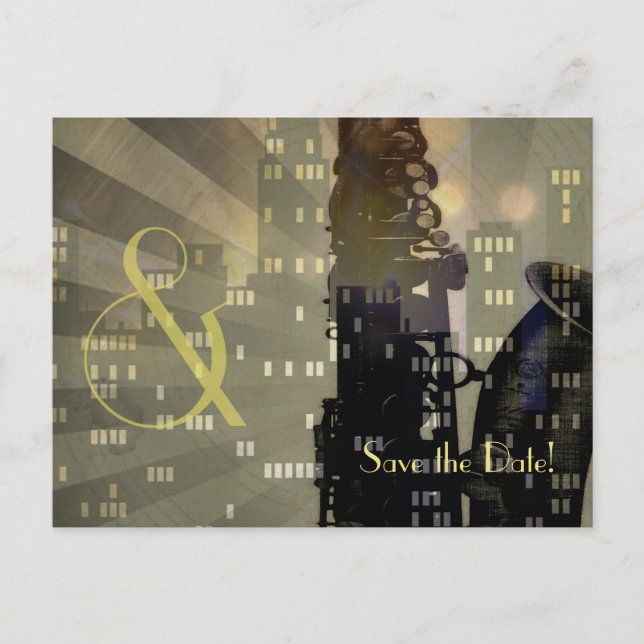 Jazz Age Saxophone City Skyline Wedding Set Ankündigungspostkarte (Vorderseite)