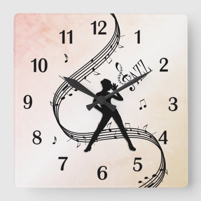 Jazz Dance Peach Black Numbers Quadratische Wanduhr (Vorderseite)