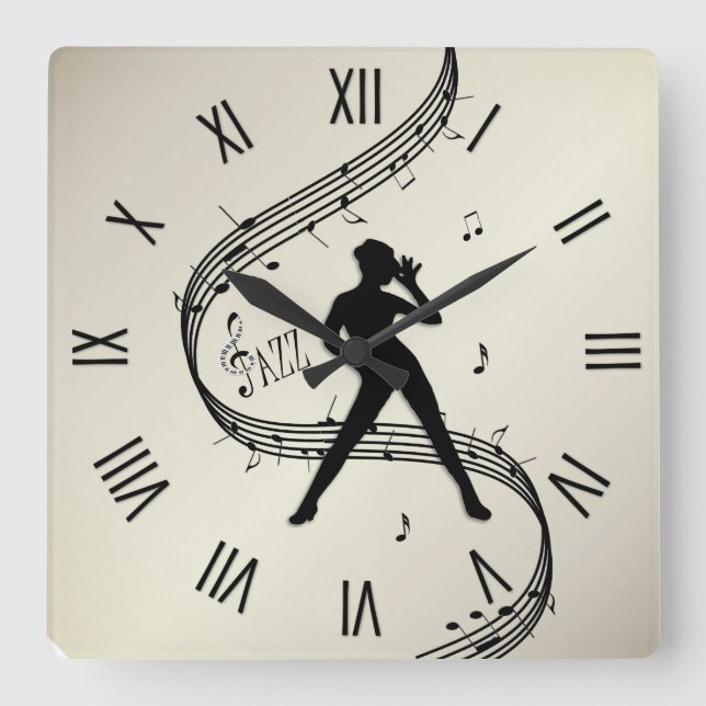 Jazz Dance Roman Numerals Golden Square Wall Clock Quadratische Wanduhr (Vorderseite)