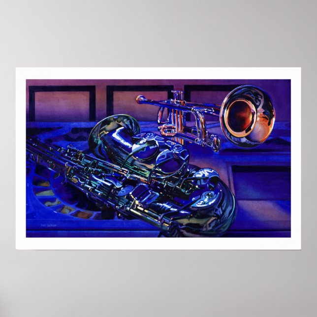 "Jazz in Blues" Musikinstrumente Wasserfarbe Poster (Vorne)