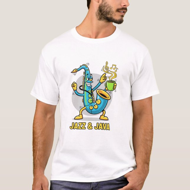 Jazz & Java Lustiges Saxophon Kaffee T-Shirt | Jaz (Vorderseite)