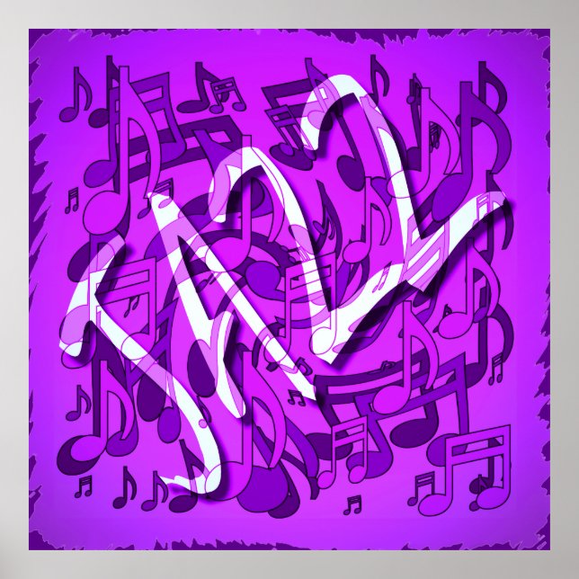 Jazz Music Pattern Dancing Swirting Notes Violet Poster (Vorne)