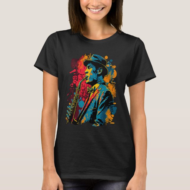Jazz Saxophone Player Funky Pop 1920s Era Musician T-Shirt (Vorderseite)