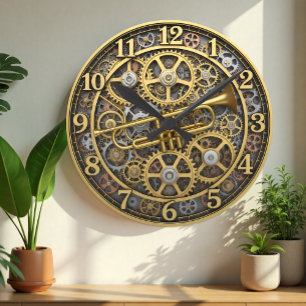 Jazz-Trompete-Uhr, Steampunk, Gold, Musik Runde Wanduhr