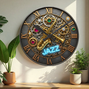 Jazz-Uhr, Neonlicht, Trompete, Saxophon Runde Wanduhr