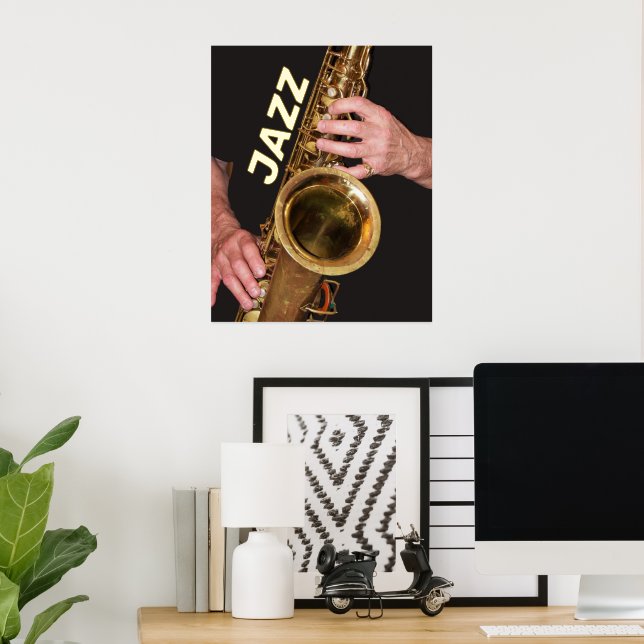 Jazzman Playing Gold Saxophon Fotografie Foliendrucke (In Situ (Schreibtisch))
