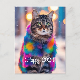 Jazzy Kitty in Pelzmantel - Happy 2024 Feiertagspostkarte