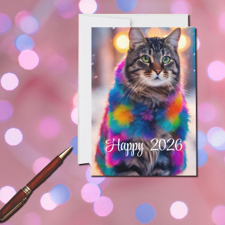 Jazzy Kitty in Pelzmantel - Happy 2026 Feiertagskarte